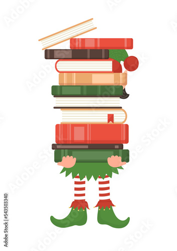 Cute Christmas elf holding stack of books. Xmas, New Year education greeting vector illustration isolated on white background.