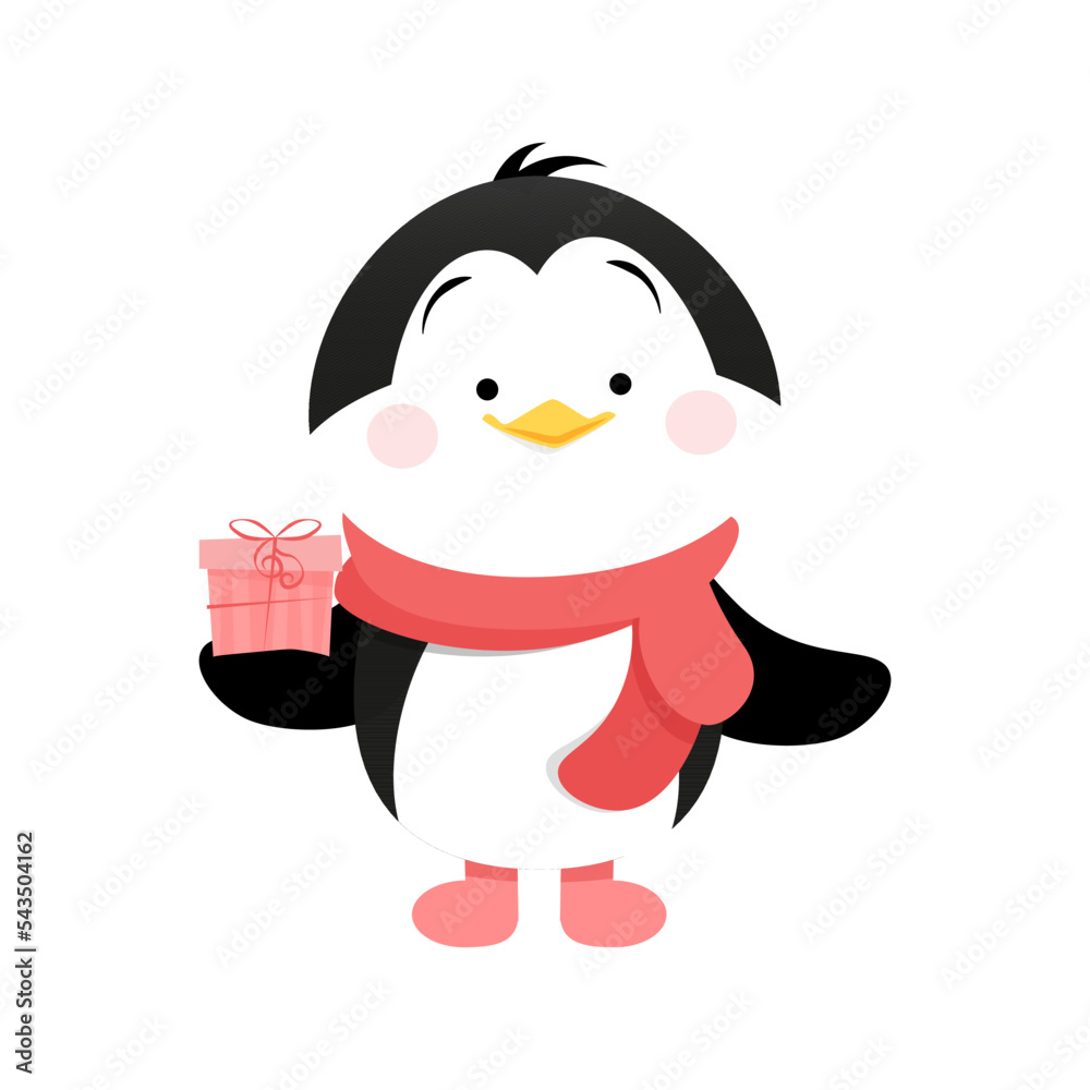 Fototapeta premium Cute penguin standing and holding 1 pink gift