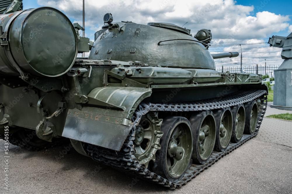 Old soviet tank in the museum. Vintage weapons of the Russian army. Summer. Day. Russia.