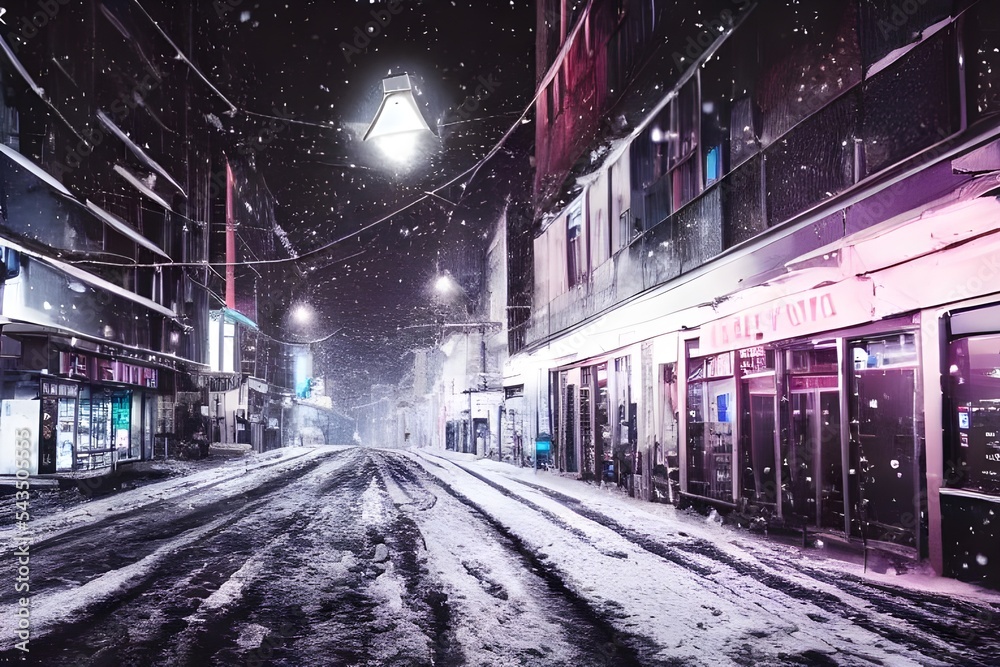 Obraz premium The streets are quiet and the air is crisp. A few cars are parked along the side of the road, their windows foggy with condensation. The buildings loom tall and dark against the night sky, their outli
