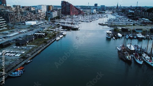 Aerial shot of a marina full of boats during the day in Aarhus, Denmark