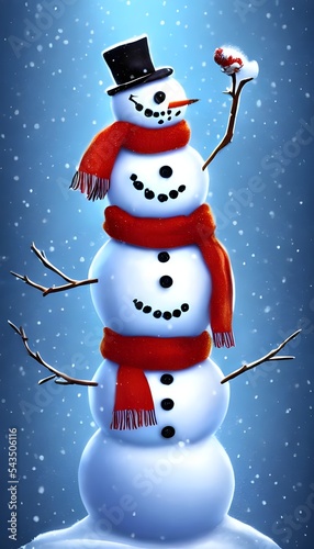 The snowman is made out of three large balls of snow, with a smaller one for the head. It has two coal eyes and a carrot nose. The arms are twigs sticking out to the side. photo