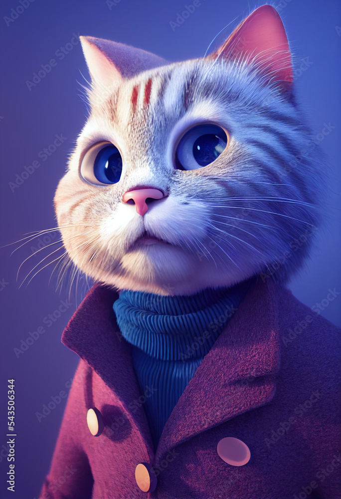 Chic cute baby cat wearing coat, charisma, 3d illustration , pic as wallpaper, poster, t shirt and as you need