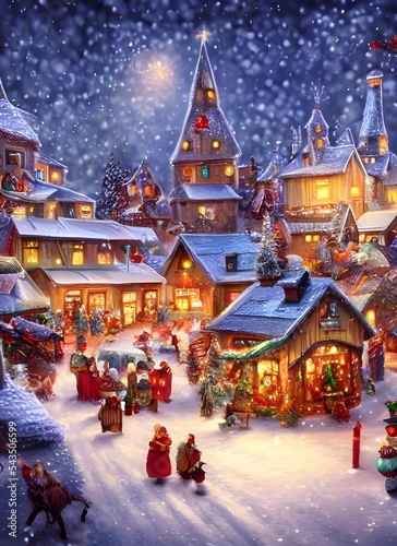 The winter christmas village is very beautiful. The snowflakes are falling gently and the lights from the houses and trees twinkle in the night. It's so peaceful and lovely here.