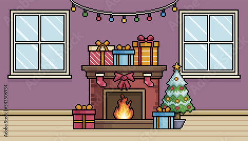 Pixel art christmas scene room with window, fireplace, christmas tree, gifts, lights background vector for 8bit game