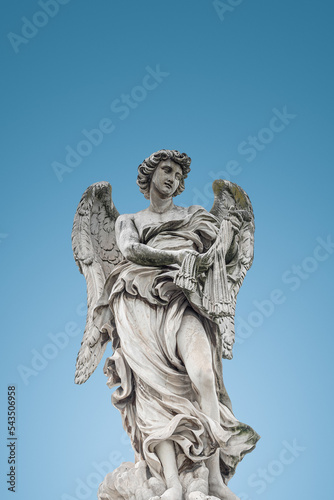 Cover page with statue of a beautiful holy angel with wings at the Saint Angel bridge at blue sky gradient background, Rome, Italy, with copy space.
