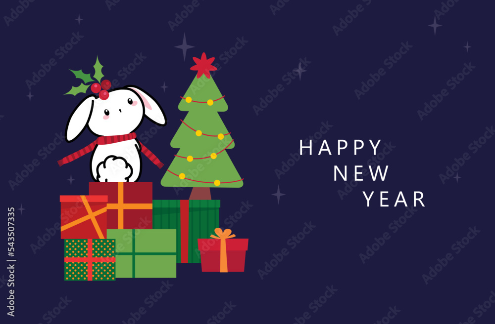 Naklejka premium Rabbit with holiday symbols, gifts boxes, Christmas tree. Holiday design for 2023. Happy New Year. Merry Christmas. Celebration.
