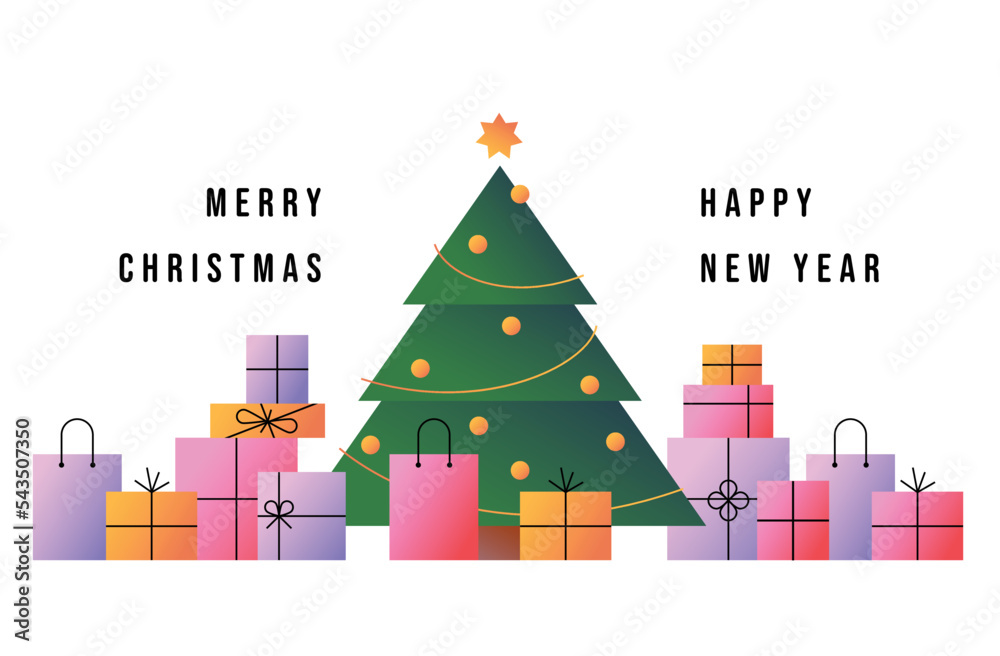 Fototapeta premium Merry Christmas with colorful gift boxes and Christmas tree. New Year symbol. Winter holiday design. Vector illustration.