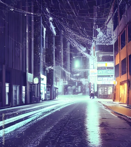 The city street is quiet and empty. The only sound is the soft crunch of snow underfoot. The buildings loom tall and dark against the night sky, their windows glowing with warmth and light. A few flak