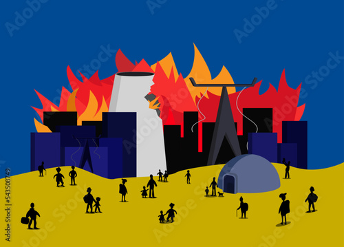 People go to hide in a bomb shelter against the backdrop of a burning city and a destroyed thermal power plant