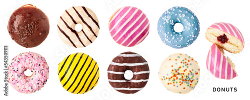Different donuts set. PNG with transparent background. Flat lay. Without shadow.