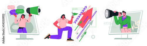 Social Media marketing business set of flat cartoon vector illustration isolated on white background. SMM and business management bundle.