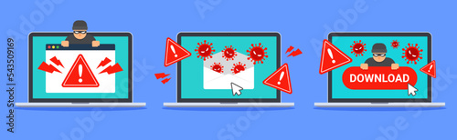 Collection of internet threat icons. Cyber security, antivirus, or computer virus concept. Emergency alert. Malware, ransomware, cybercrime, and hacker. Dangerous website. Flat vector illustration.