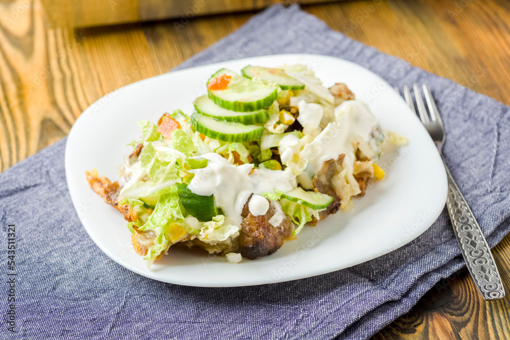 fries baked with meat, cheese and vegetables fries baked with meat, cheese and vegetables