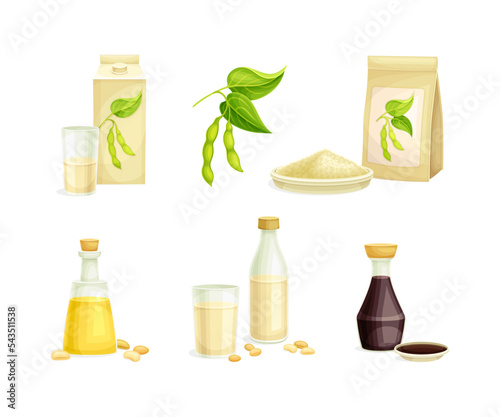 Soy Products with Legume Pod, Milk in Carton, Flour, Oil and Soy Sauce Vector Set