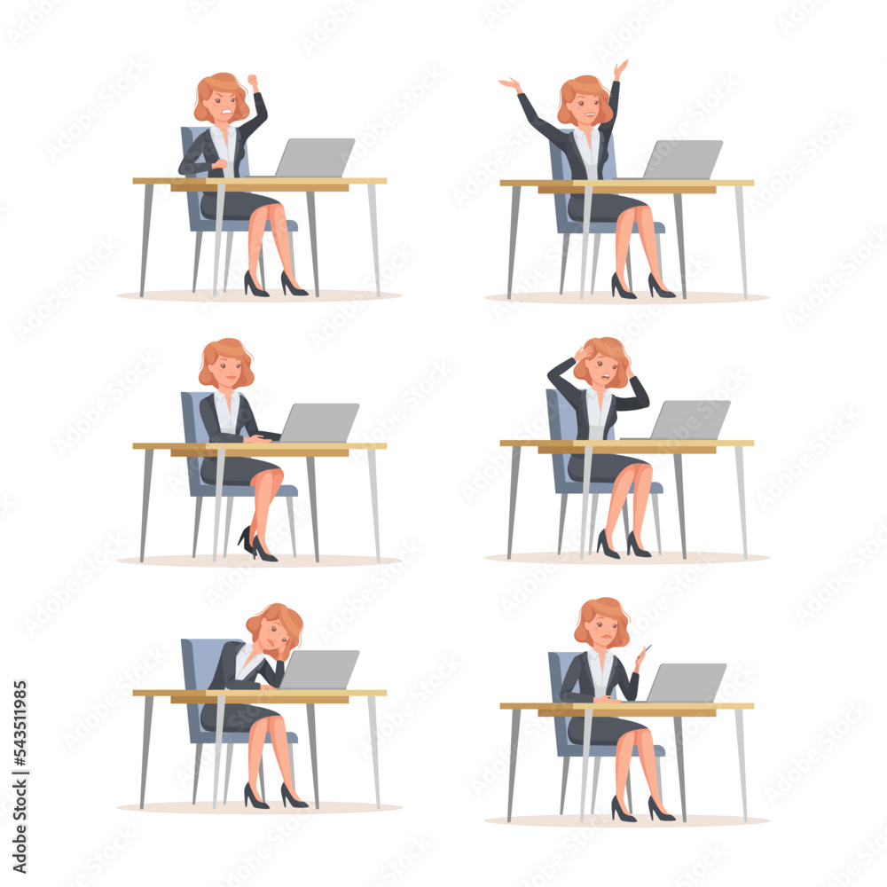 Young Office Woman Sitting at Desk with Laptop Engaged in Workflow Vector Set