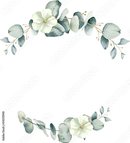 Eucalyptus leaves wreath. Watercolor illustration isolated on transparent background. Greenery floral frame for wedding invitation, greeting cards, save the date. Hand drawn green herbs photo