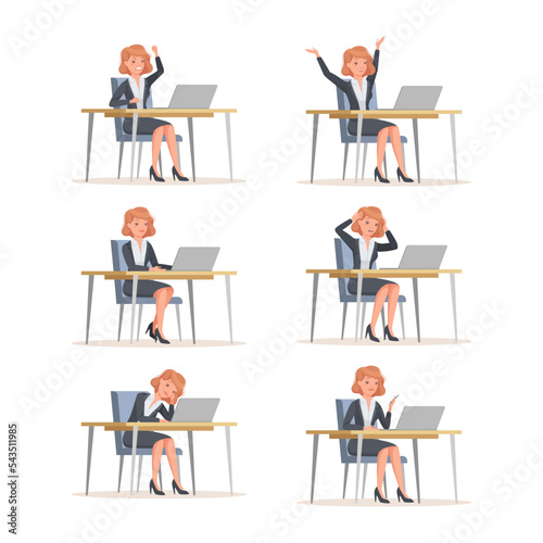 Young Office Woman Sitting at Desk with Laptop Engaged in Workflow Vector Set