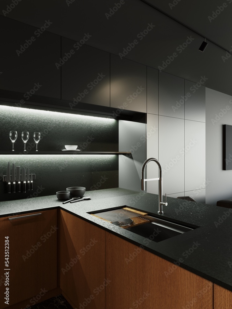 3d render of a kitchen in black tones with a wooden bottom. 3d render of a kitchen in black tones with a wooden bottom.