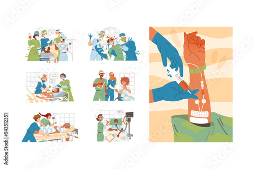 Doctor in Mask Giving Treatment to Patient Being in Hospital as Medical Staff Working in Clinic Vector Set