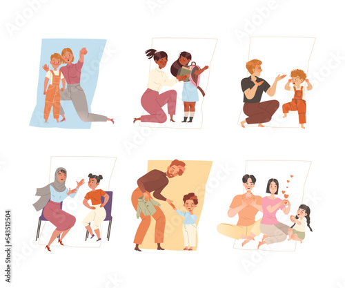 Mom and Dad Talking to Their Son and Daughter and Arguing with Kid as Bad and Good Relationship Between Parent and Little Child Vector Set