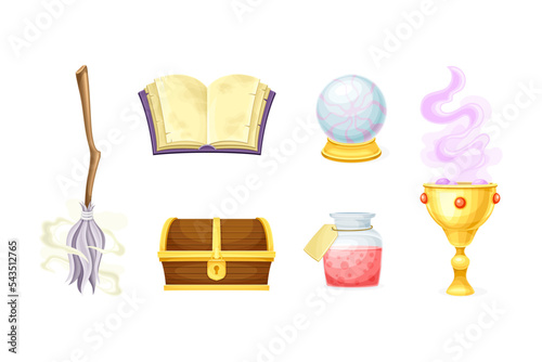 Magical Object and Witchcraft with Broom, Spellbook, Crystal Ball, Goblet, Flask and Treasure Chest Vector Set