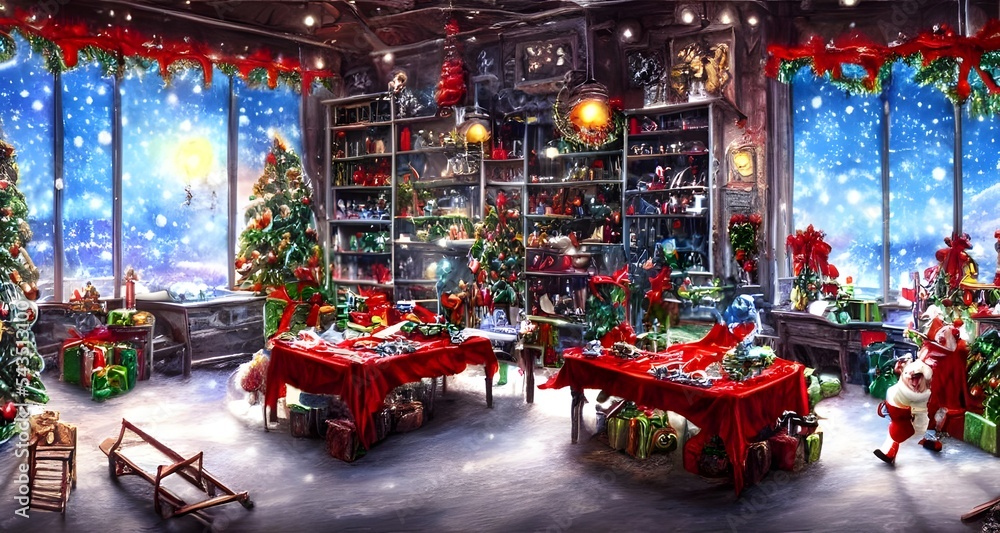 The holiday season is in full swing at the Christmas toy factory. elves are busy putting together toys that will be sent all over the world. Santa Claus is making his list and checking it twice to mak - obrazy, fototapety, plakaty 