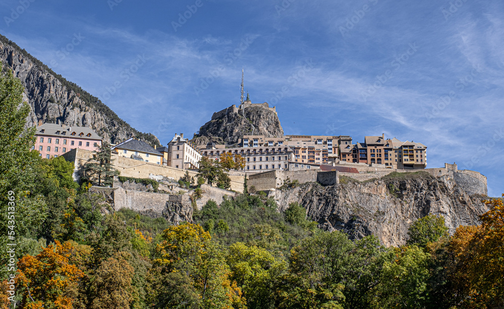 View of the impressive Vauban Citadel, the Old Town and the Castle Fort on the top, as seen from the Lower Town of Briancon, France