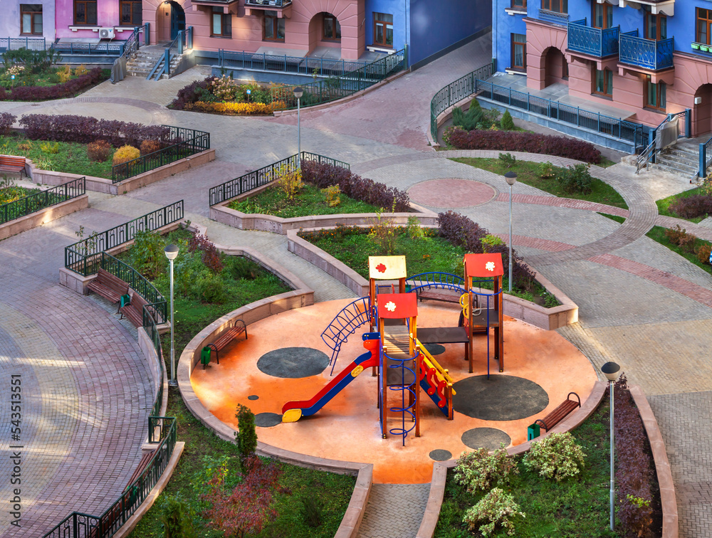 View of Top view children playground and house building exterior mixed-use ...
