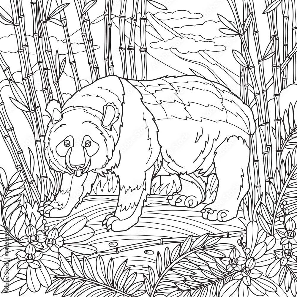 Coloring page for adults. Big panda bear standing in bamboo forest ...