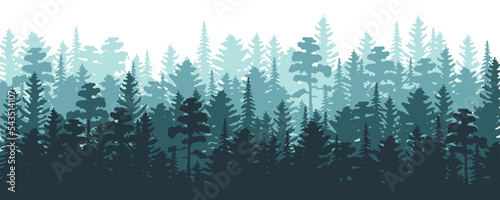 Green woods nature horizontal seamless pattern. Vector conifer trees