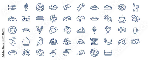 Collection of icons related to Italian food and dish, including icons like Anchovy, Arancini, Biscotto, Bombolone and more. vector illustrations, Pixel Perfect set