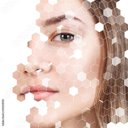 Young sensual woman made of mosaic honeycombs.