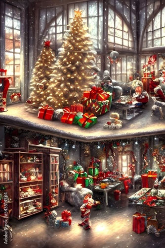 It's the middle of the night, and all through the toy factory, not a creature is stirring... except for the elves. They're busy at work, wrapping presents and stuffing stockings. All sorts of toys are