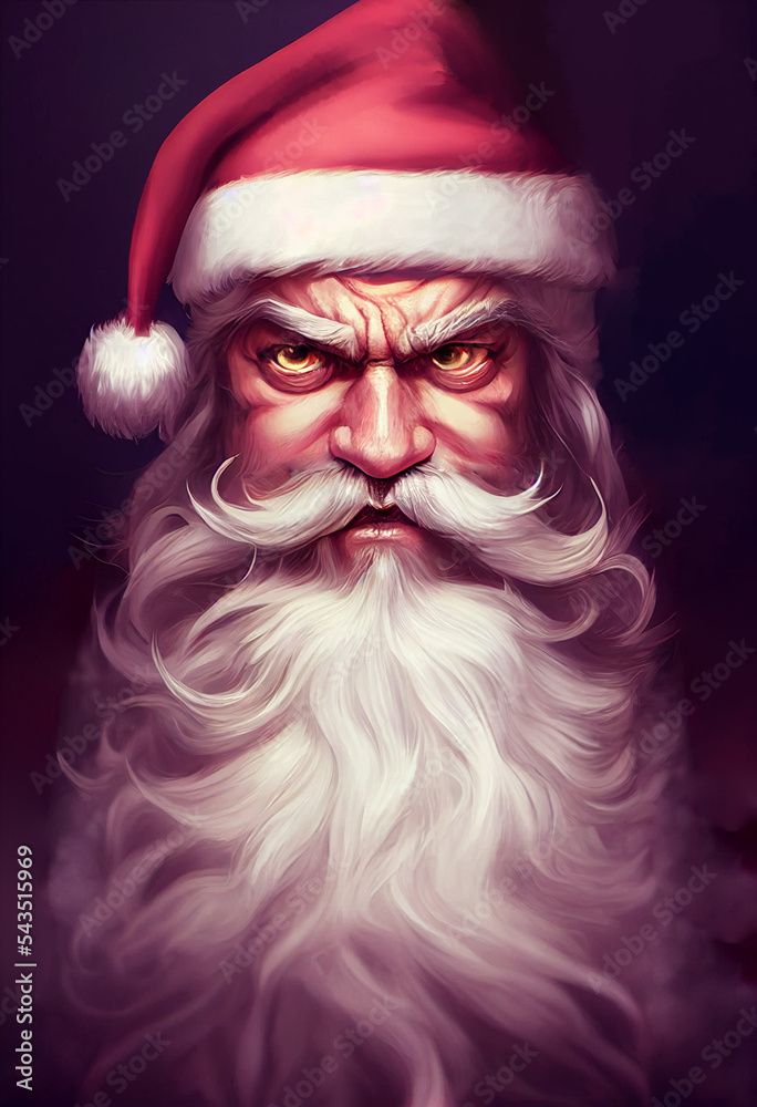 Portrait of Evil Angry Furious Santa Claus with Long Curly White Beard, Yellow Eyes, Black