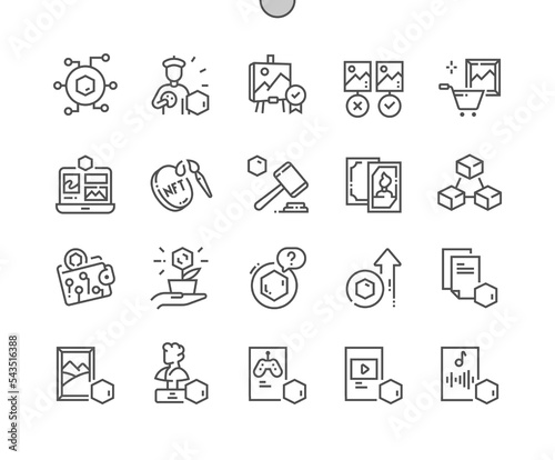 NFT technology. Trading cards. Original artwork. Crypto investment. Pixel Perfect Vector Thin Line Icons. Simple Minimal Pictogram