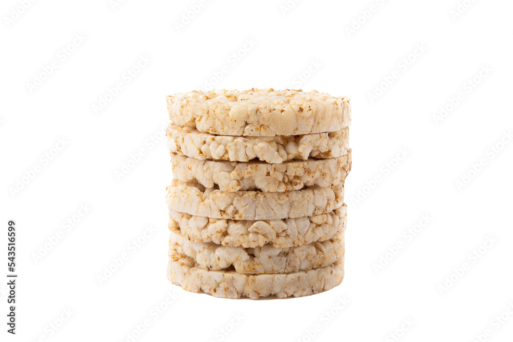 Crispbread.Puffed rice bread isolated on white background. dietary crispy round rice cakes.