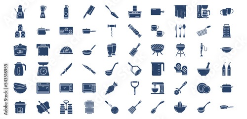 Collection of icons related to Kitchen Tools, including icons like Apron, Butcher knife, Cooker, Coffee mug and more. vector illustrations, Pixel Perfect set
