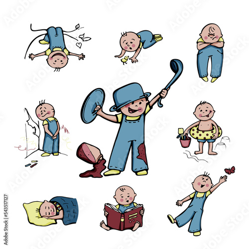 Collection with mischievous cute kid with different emotions and situations