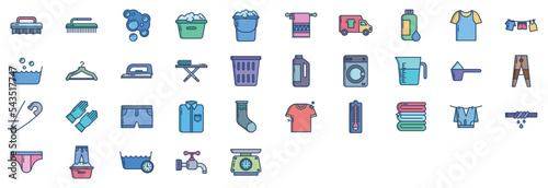 Collection of icons related to Laundry and dry cleaners, including icons like Cloth, Bucket, wash, Dress and more. vector illustrations, Pixel Perfect set
