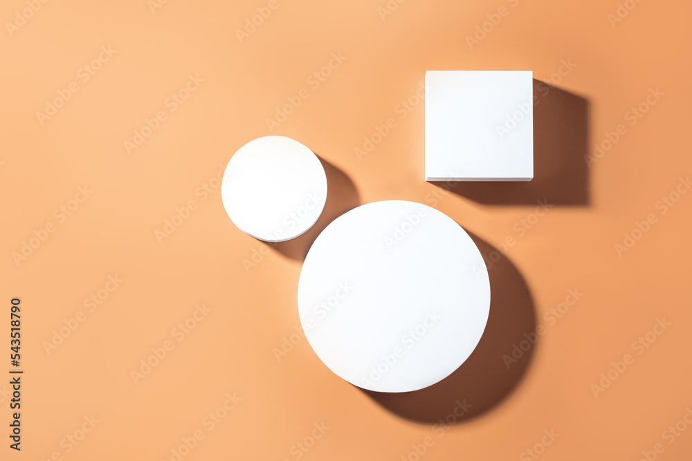 Round and square flat lay podium blank for product presentation. Top view. Copy space. Round and square flat lay podium blank for product presentation. Top view. Copy space.