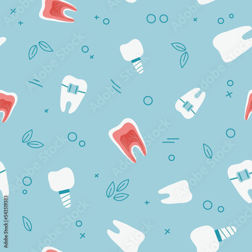 Dental seamless pattern of teeth, implants and braces. Abstract print for dentist clothes, wrapping paper. Vector illustration isolated on blue