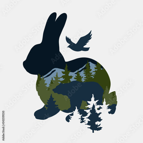 3D Rabbit bear layered paper cut style. Bunny vector illustration. Forest Shadow box eps. Vector layout template for greeting cards, flyers, posters, invitations.
