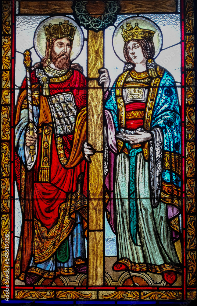 Stained glass window representing the Saints Constantine and Helen in cathedral from Targu Mures city Romania 