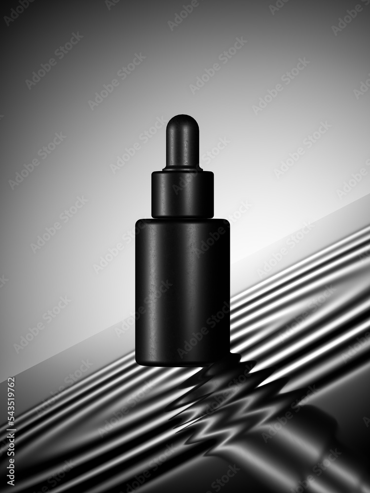 Fototapeta premium Black dropper bottle with a pipette on the dark wavy water. Nature Skin concept. Organic Spa Cosmetics. 3d rendering