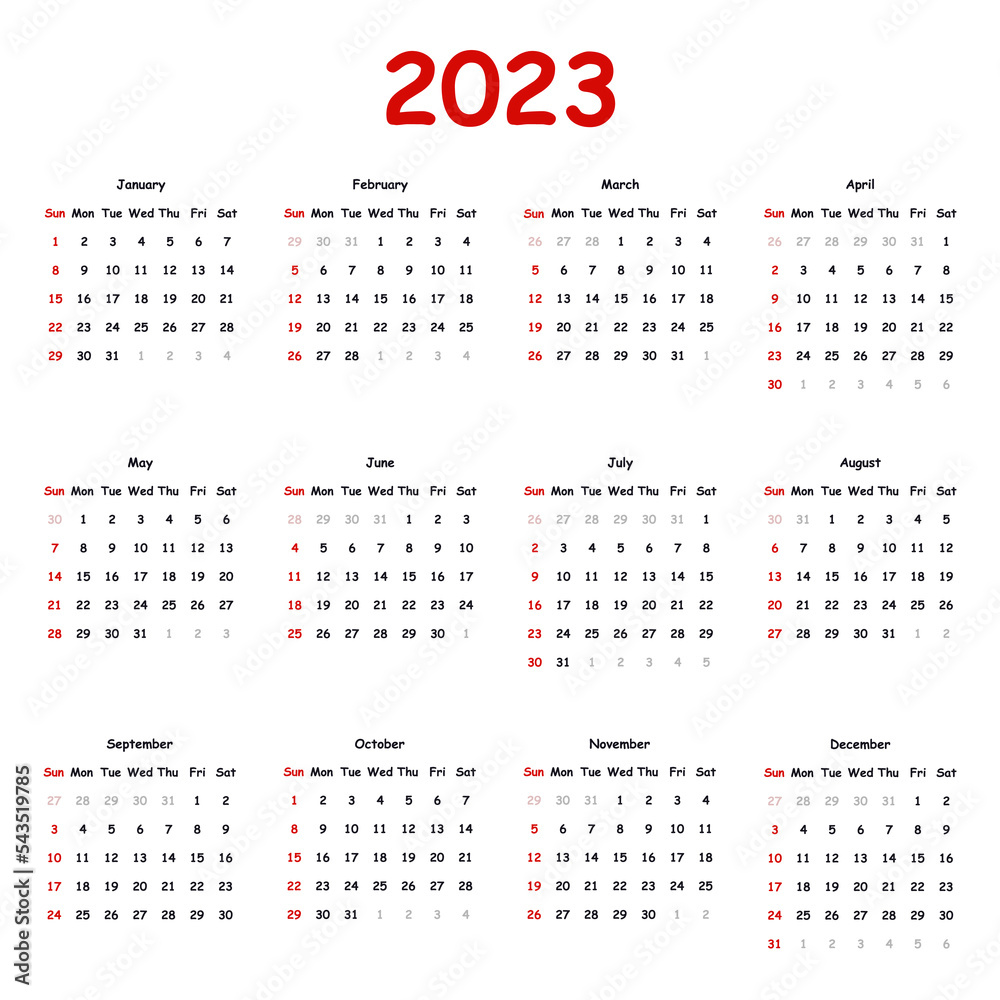 2023. Classic calendar with black and red numbers on a white background. The week starts on Sunday.  Vector.