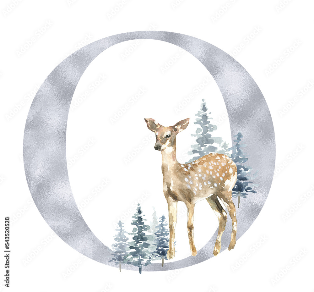 Φωτογραφία Christmas Number illustration, watercolor silver digit 0, woodland winter forest animal,deer, stag, fawn, coniferous woods,fox, hare,rabbit