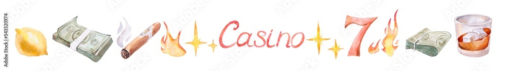 Casino icons on white background. Watercolor illustrations.