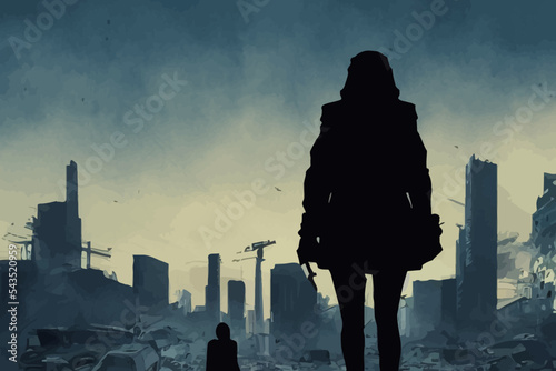 a woman stands in the middle of a city at war Urban