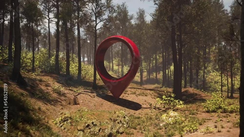 A red geotag in a beautiful forest at sunset. High quality 3d render photo